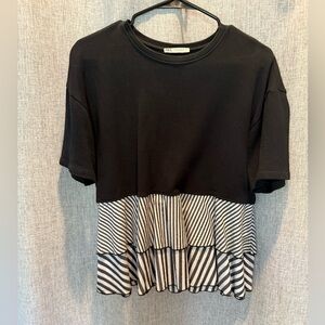 Zara Black Tee with Striped Hem